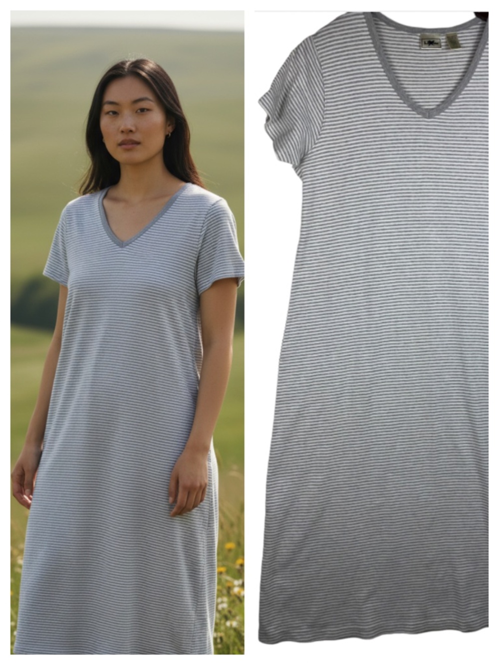 LL Bean Medium Petite MP Maxi T-Shirt Dress Gray Striped V-Neck Stretch